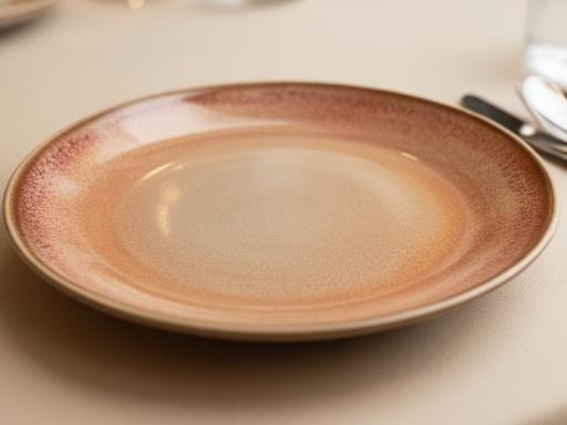 Flacher Keramikteller mit warmer Glasur auf einem gedeckten Restauranttisch