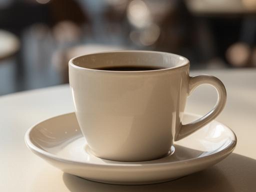 Keramiktasse mit passendem Unterteller auf einem hellen Café-Tisch mit Morgenlicht