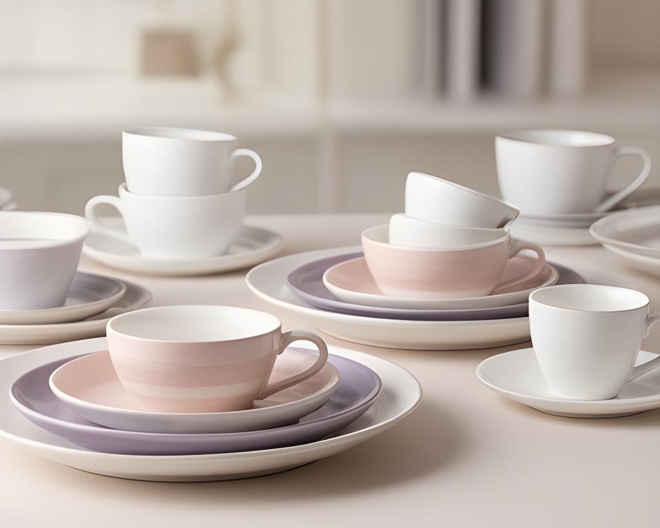 Stapelte Keramikteller und Becher auf einem hellen Tisch in einem ruhigen Showroom