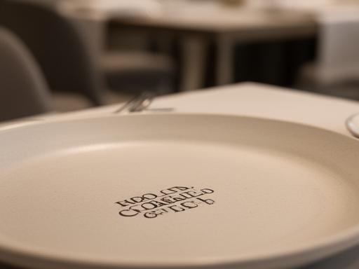 Personalisierter Teller mit dezentem Logo auf einer matten Glasur in einem modernen Restaurantsetting
