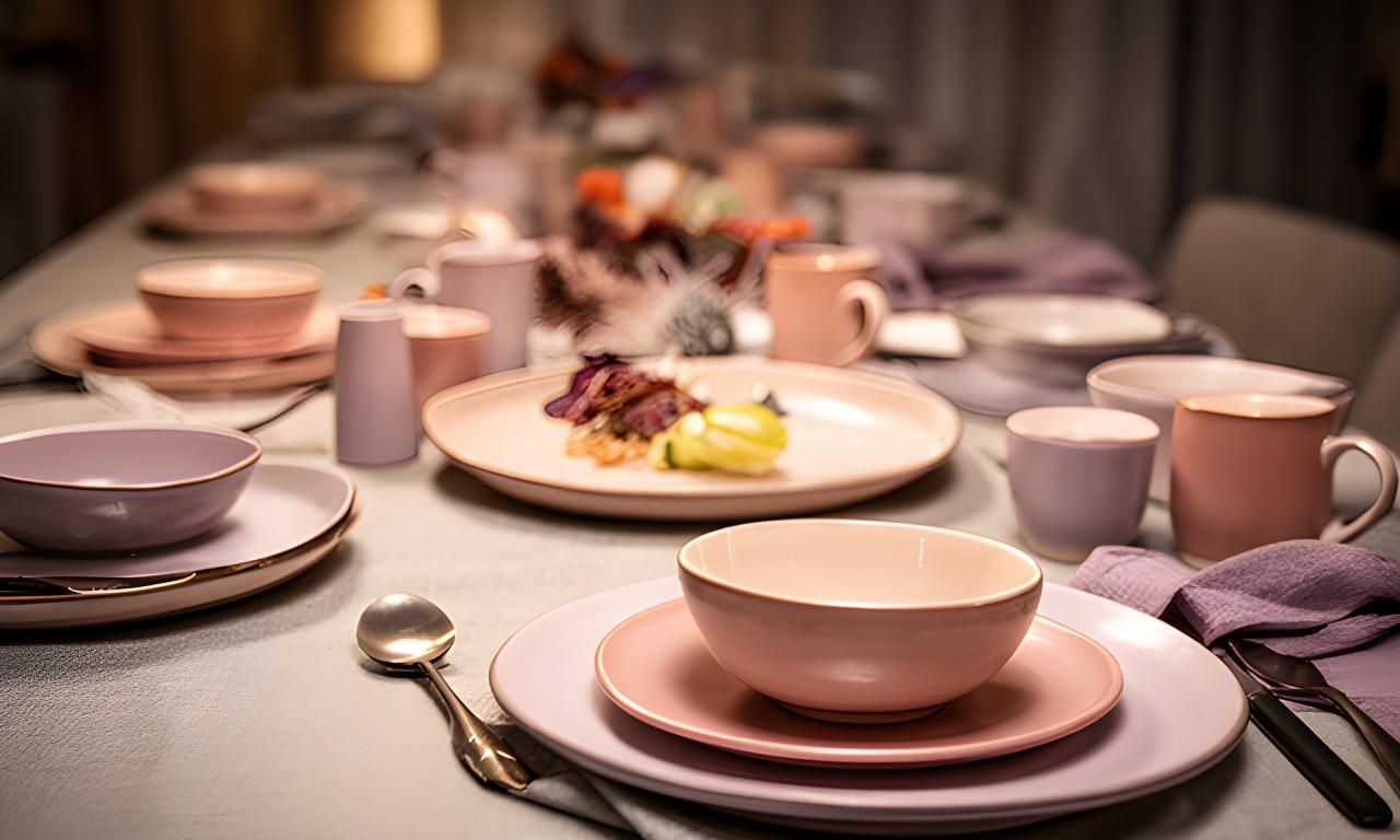 Festlich gedeckte Tafel mit Tellern, Schalen und Tassen in warmem Licht