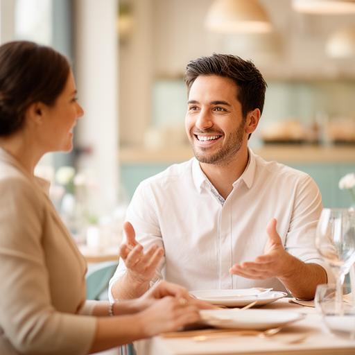 Kundenbetreuer Noah Baumann im Gespräch mit einem Restaurantkunden an einem hellen Holztisch