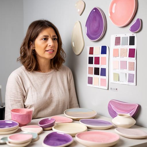 Designerina Sara Keller mit Musterplatten und Farbfächern neben einer hellen Skizzenwand