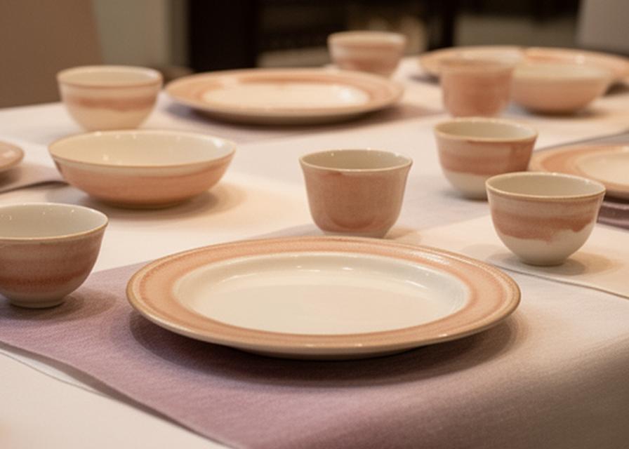 Elegante Tischszene mit Keramiktellern, Schalen und Tassen in warmem Licht