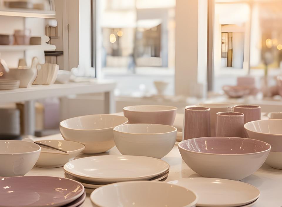Helle Keramikschalen und Teller in einem Zürcher Showroom mit warmem Tageslicht