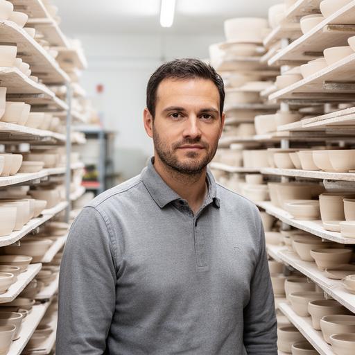 Produktionsleiter Lukas Frei vor Regalen mit getrocknetem Keramikgeschirr in der Manufaktur